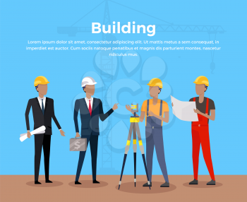 Building banner concept design. Group of people at the construction site architect and investor engineer and working man. Business construction management poster web flat style. Vector illustration
