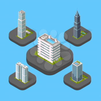 Isometric building set isolated design flat style. 3d modern house building with helipad or business offices isolated on a blue background. Templates for building web design. Vector illustration