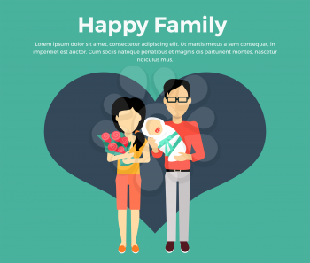 Happy family concept banner design flat style. Young family man and a woman with a newborn baby and a bouquet of flowers. Mother and father with child happiness lifestyle, vector illustration