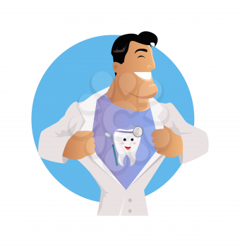 Doctor dentist character with painted teeth on a T-shirt under his robe. Care medical and uniform medicine and person professional physician medic. Happy doctor isolated. Vector illustration