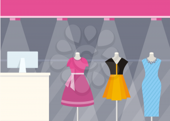 Shop front clothing store design flat style. Fashion woman wearing colorful dresses on mannequins that are behind glass shop illuminated by searchlights. Shopping centre design. Vector illustration