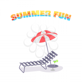 Chaise lounge with an umbrella isolated on white background. Vacation summer leisure, chair with parasol, rest on chaise-longue icon, paradise summer fun. Comfort flat bed element. Vector illustration