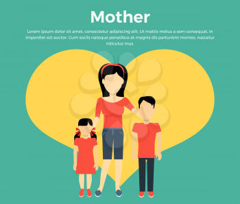Mother with children banner concept. Mum holding hand of his daughter and son. Family and parent, girl and boy with mum, happiness together love parenting brother and sister, vector illustration