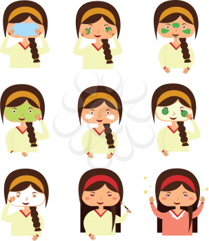 Instructions to wash face of woman. Woman washes her face with water and a shave. Girl cares for the person doing facials causes mask on the face. Vector illustration flat design style