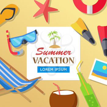 Summer time vacation concept illustration. Leisure on tropical sunny beach banner. Beach slippers, diding mask, chair, drinks, starfish, coconut, photo on sand flat style design vector.