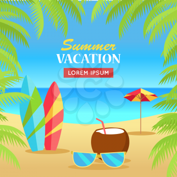 Summer vacation concept banner. Leisure on tropical sunny beach with palm trees. Surfboards, sunglasses, coconut, umbrella flat vector illustration. Ocean horizon background. Frame from palm branches.