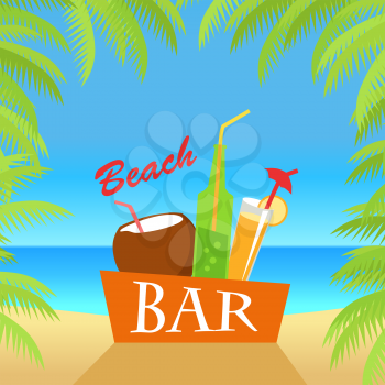 Beach bar vector flat illustration. Cold drinks for summer vacations set. Juice, coconut milk, cocktail, soda, isolated on white background. Leisure on tropical sunny beach with palm trees.