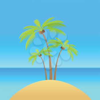 Island with palm tree silhouettes with coconut. Vector illustration. Island in the ocean