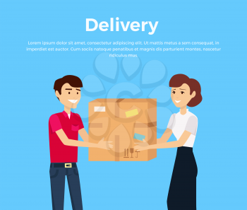 Profession courier with box. Delivery man, delivery icon, free delivery, delivery parcel, service delivery, person profession character courier postman. Courier gives box a woman. Vector illustration