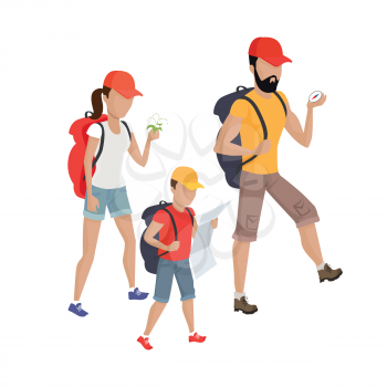 Family hiking concept illustration. Vector flat design. Parents going camping with child. Outdoor holiday with wife and son. Recreation in nature with backpacks. Travel weekend on the wild. Isolated.