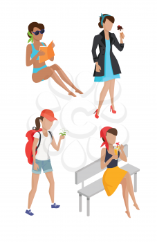 Summer vacation concept. Set vector illustrations woman summer characters. Female figures in flat design. Women hiking, tanning with book, eating ice cream, drinking juice on bench.