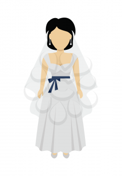 Female character without face in wedding dress vector in flat design. Woman template personage figure illustration for wedding concepts, apps, logos, infographic. Isolated on white background.