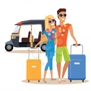 People traveling together during summer vacation vector flat design. Honeymoon in exotic countries concept. Young man and woman with necklace of flowers embracing and holding suitcases near moto taxi.