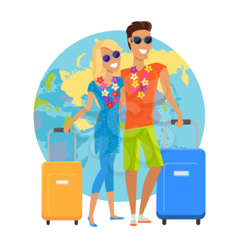 Сouple traveling summer vacation vector in flat design. Honeymoon in exotic countries concept. Young man and woman with necklace of flowers embracing and holding suitcases on world map background.