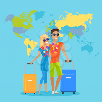People traveling summer vacation vector in flat design. Honeymoon in exotic countries concept. Young man and woman with necklace of flowers embracing and holding suitcases on world map background.
