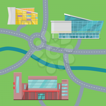 Shopping center map concept. Flat design. Modern commercial building vector illustrations for web design, navigation services, banners. Shop, mall, supermarket, business center on color background.