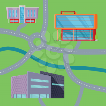 Shopping center map concept. Flat design. Modern commercial building vector illustrations for web design, navigation services, banners. Shop, mall, supermarket, business center on color background.
