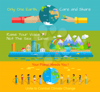Environment protection concept banners. World environment day vector in flat style design. Taking care of the planet. Earth needs. Monitoring sea levels, global warming, climate change illustration.