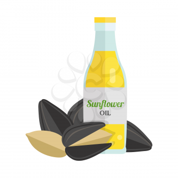 Sunflower oil and seeds vector. Flat design. Healthy food, diet and cosmetic products. Seasoning. Culinary ingredient, source of protein, vitamins, fatty acids. Isolated on white background.