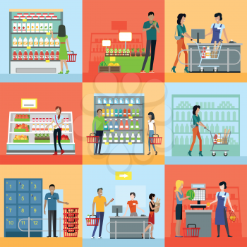 Set of shopping concepts vectors in flat design. Customers service and working process in supermarket. Consumer choice and merchandising strategy. Store assortment. Cashier, seller, guard at work.   