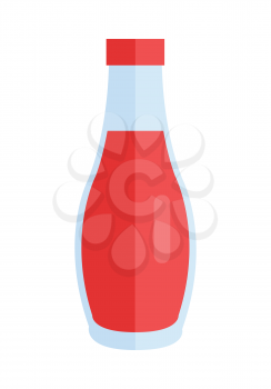 Bottle with sauce vector. Flat design. Small jar filled ketchup, tomato paste, chilli. Cooking base product concept. Illustration for icon, label, print, logo, menu design. Isolated on white