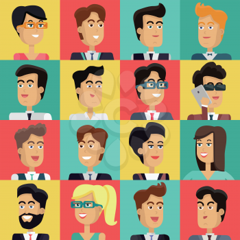 Set of peoples faces vector in flat style. Collection of business characters heads on different colors background. Illustrations for corporate avatars, app icons, infographics, logotype design. 
