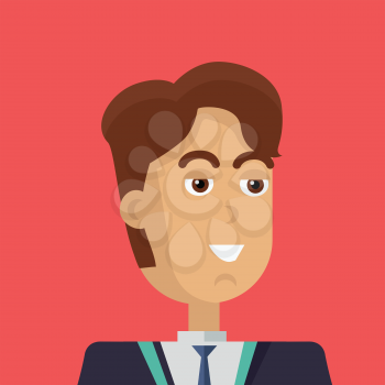 Businessman avatar icon isolated on red background. Man with brown hair in business suit and tie. Smiling young man personage. Flat design vector illustration