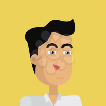 Businessman avatar icon isolated on yellow background. Man with black hair in business suit and tie. Smiling young man personage. Flat design vector illustration