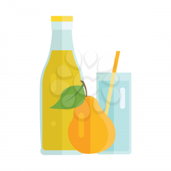 Bottle and glass with pear beverage. Vector in flat design. Sweet summer drink, fresh juice concept. Illustration for icons, labels, prints, logo, menu design, infographics. Isolated on white. 