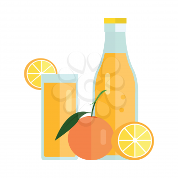 Bottle and glass with orange beverage. Vector in flat design. Sweet summer drink, fresh juice concept. Illustration for icons, labels, prints, logo, menu design, infographics. Isolated on white. 