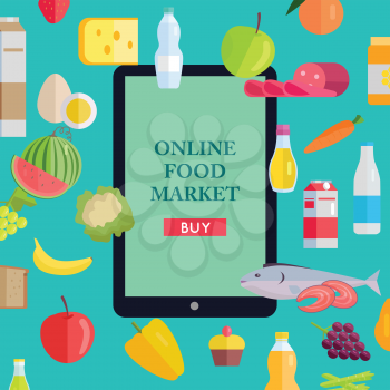 Online food market web banner. Vector in flat design. Illustration of various food and drinks with web page template on tablet screen. Concept for grocery, shop, supermarket, farm site design.   