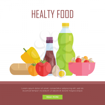 Healthy food concept web banner. Vector in flat design. Illustration of various food juice, ketchup, bread, salad, fruits and vegetables on white background for cafe, stores, farm web pages design. 