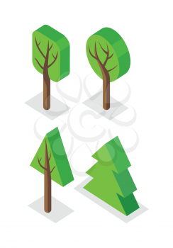 Green tree set icons. Isometric green tree with shadow. Brown wood with green crown. City isometric object in flat. Isolated vector illustration on white background.