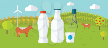 Milk farm concept banner vector flat design. Organic farming, traditional products. Clean naturally produced food. Bottle and glass of milk with animals, fields, garden on background.