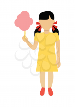 Child character without face with cotton candy in yellow dress vector. Flat design. Girl template personage illustration for child concepts, fashion app, logos, infographic. Isolated on white.