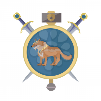 Braun wolf in the gold collar. Isolated avatar icon with swords. Wolf with showing fangs. Stylized fantasy character. Game object in flat design isolated on white background. Vector illustration.
