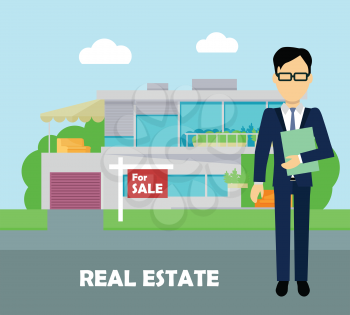 Real estate broker at work. Real estate agent, house building, property home, realtor and rent, sale housing, buy apartment. Part of series of modern buildings in flat design style. Vector