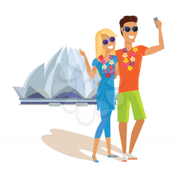 Summer vacation in India concept. Honeymoon in exotic country vector illustration. Selfie on background of famous historical monuments. Couple taking picture near Lotus temple.