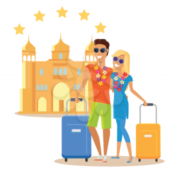 Couple traveling together during summer vacation vector in flat design. Honeymoon in exotic countries concept. Young man and woman with necklace of flowers embracing and holding suitcases near hotel.