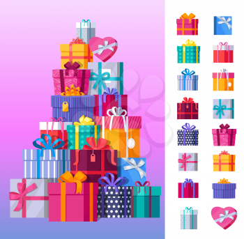 Set of gift boxes vector. Stack of presents in various bright, striped, spotted boxes tied colored ribbons. Beautifully wrapped surprise. Illustration for decoration, event management companies ad. 