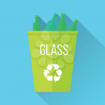 Green recycle garbage bin with glass. Reuse or reduce symbol. Plastic recycle trash can. Trash can icon in flat. Waste recycling. Environmental protection. Vector illustration.