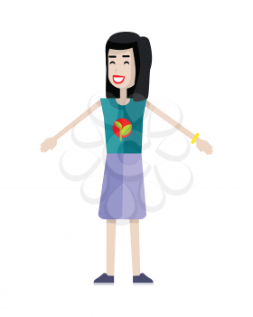 Smiling woman with branch and leaves emblem on clothes, standing as part of human chain. Ecologist, environmentalist, nature protection activist or volunteer illustration. Flat design. Earth day.