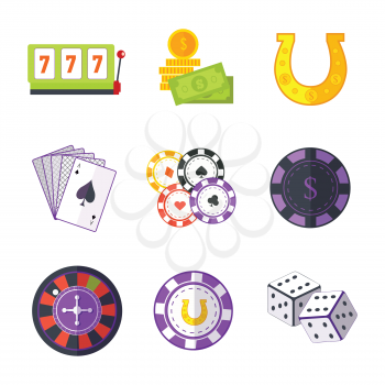 Set of Gambling Accessories vector. Flat style. Slot machine, horseshoe, chips, cards, dice, money, roulette Illustrations for gambling industry, sport lottery services, icons, web pages logo design