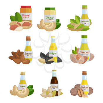 Set of butter and nut oil vector illustrations. Flat design. Healthy food, diet and cosmetic products. Seasoning. Culinary ingredient, source of protein, vitamins, fatty acids. Isolated on white.