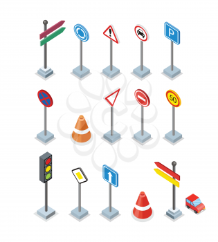 Road and street signs set isolated. Collection of road rule signs. Symbols for traffic regulation. Warnings billboards icons. Board design. Part of series of city isometric. Vector illustration