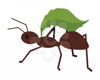 Brown ant with green leaf. Ant carrying leaf. Ant icon. Ant holding leaf. Insect icon. Termite icon. Isolated object in flat design on white background. Vector illustration.
