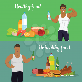 Healthy and unhealthy food. Figure of the man before and after diet. Weight loss. Sportive and fat boy isolated. Part of series of promotion healthy diet and good fit. Vector illustration