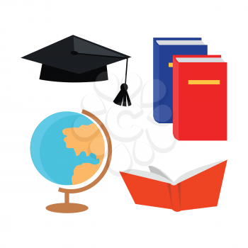 Black squar academic cap, open book, textbook manual and globe isolated on white background. Editable elements for your design. School college university. Part of series of lifelong learning. Vector
