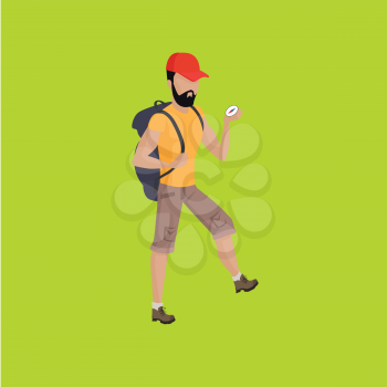 Hiking with backpack illustration. Man in shorts with supplies and compass walks on green background. Vector in modern flat design. Traveller orientation on area concept.