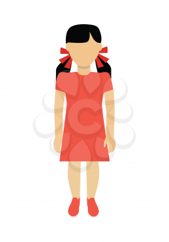 Child character without face in orange dress vector in flat design. Girl template personage figure illustration for child concepts, fashion app, logos, infographic. Isolated on white background.